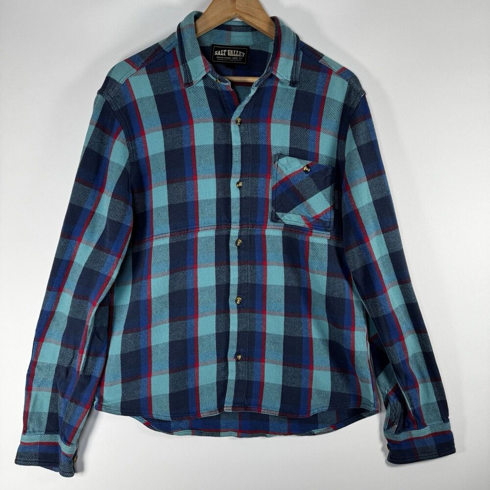 Salt Valley‎ Plaid Flannel Mens Medium Green Blue  Colorful Long Sleeve Grunge